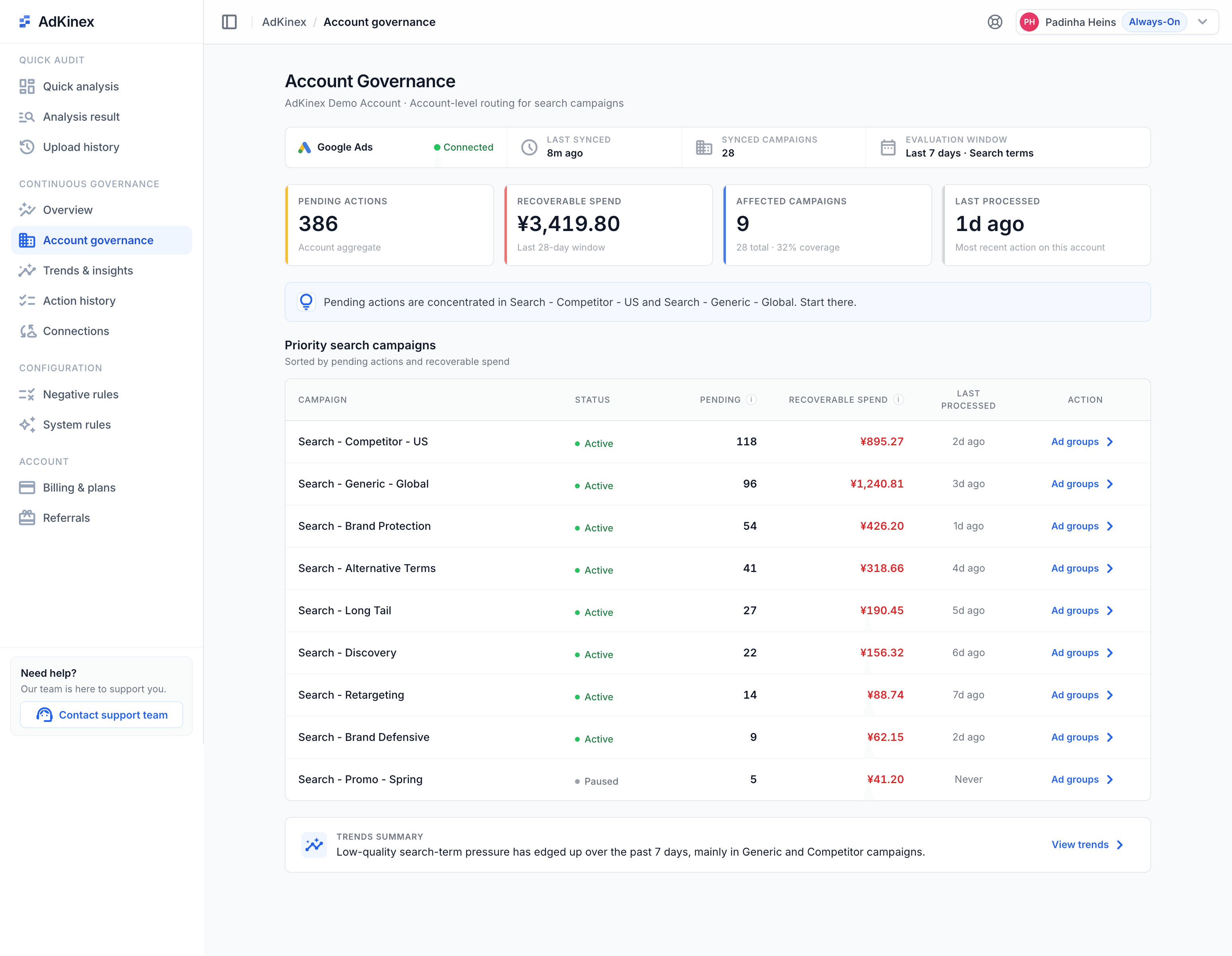 AdKinex Account Governance — recoverable spend and pending decisions across your Google Ads Search campaigns