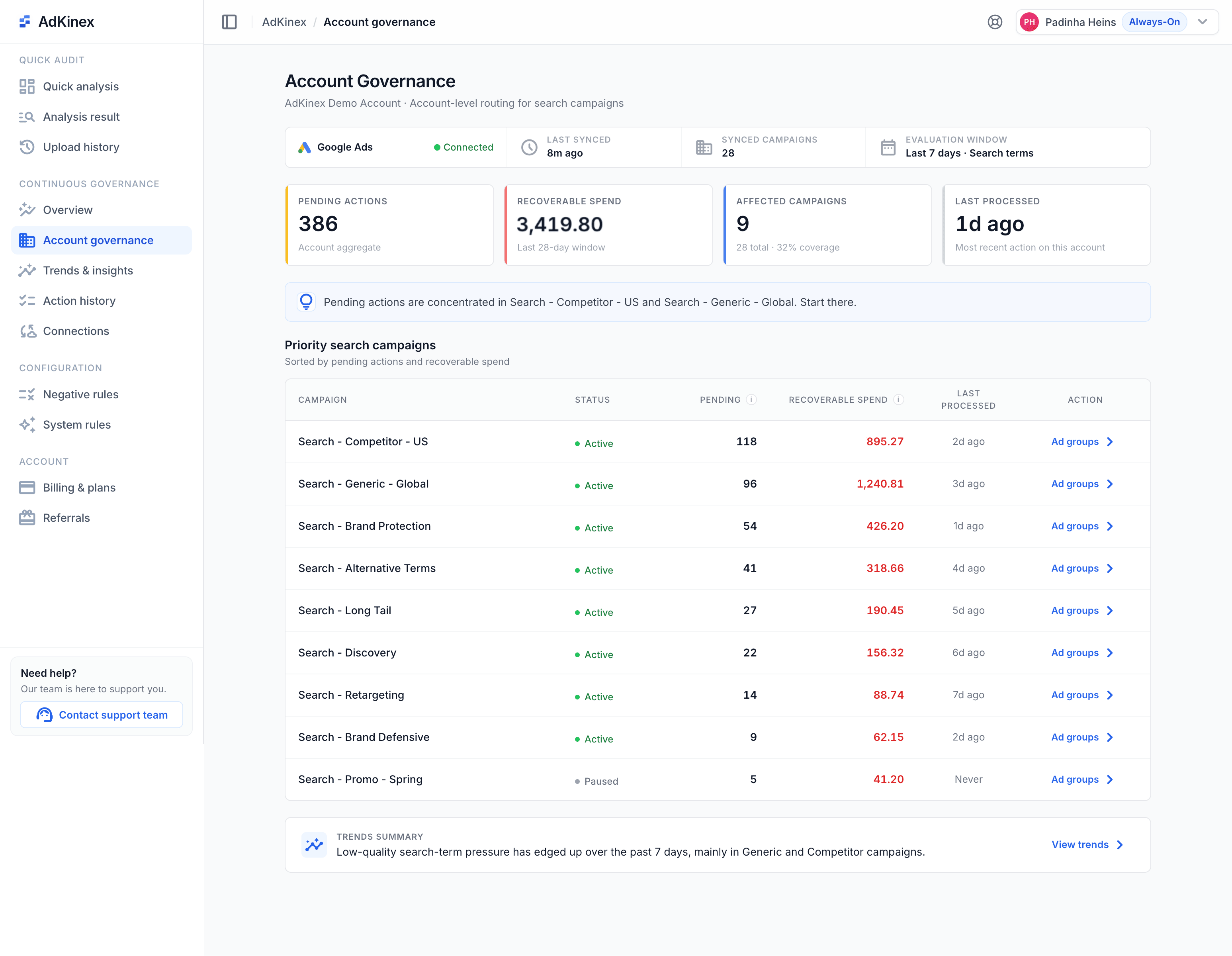 AdKinex Account Governance — recoverable spend and pending decisions across your Google Ads Search campaigns