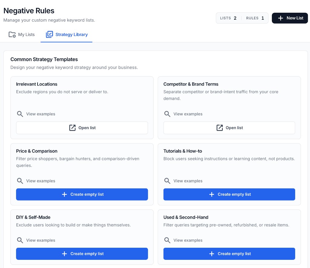 AdKinex Negative Rules Strategy Library templates